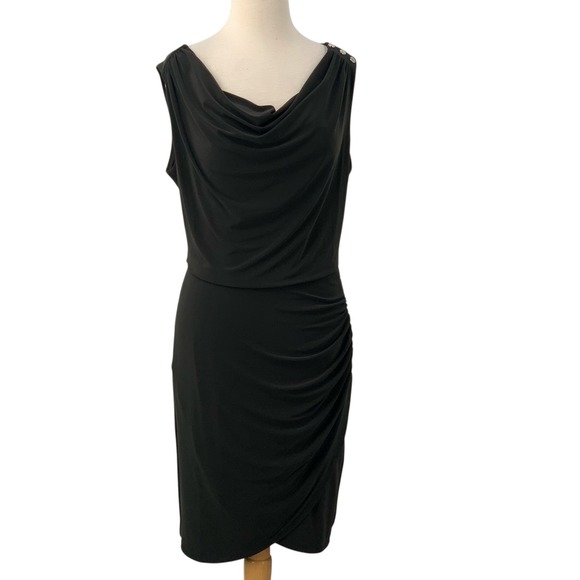 White House Black Market Black Mini Asymmetrical Ruched Sheath Dress Size‎ 8 - Picture 4 of 10